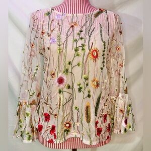 Cynthia Rowley Floral Embroidered Nude Sheer Mesh Top Summer Fairy Boho Hippie